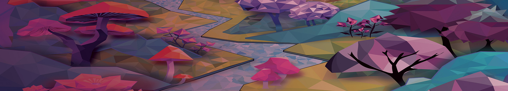 Image of a flowing stream and trees utilizing polygonal and fractal styling